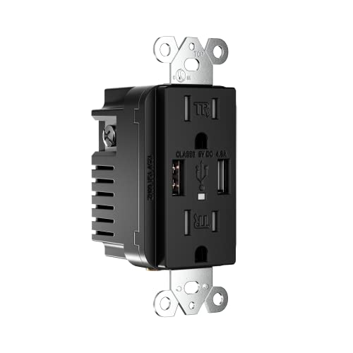 EverElectrix 4.8A High Speed USB and 15Amp Duplex Tamper Resistant Receptacle Wall Outlet Charger, UL Listed, Charging Dual Type A USB Ports, TR Wall Plugs, Wall Plate Included, Black, 1 Pack