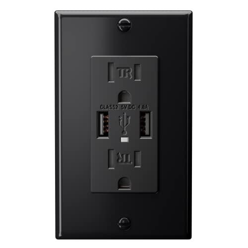 EverElectrix 4.8A High Speed USB and 15Amp Duplex Tamper Resistant Receptacle Wall Outlet Charger, UL Listed, Charging Dual Type A USB Ports, TR Wall Plugs, Wall Plate Included, Black, 1 Pack