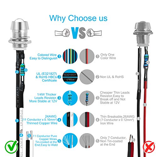 flashtree 10pcs 8mm LED Pilot Diode Light 24awg (5 Colors x 2pcs Diffused Frosted Round Lens) 8mm Panel Mount + 5mm led 12V Universal Flush Dash Board Indicator Panel Socket Lights Lamp Bulb