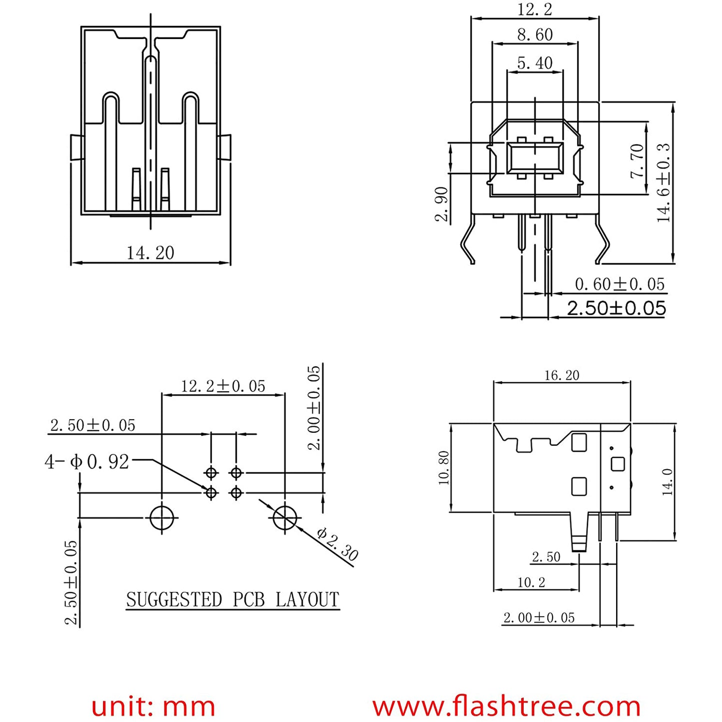 flashtree 10pcs USB 2.0 Type B Female Socket Connector Jack Port 4-Pin DIP 90 Degree Right Angle, Repair Replacement Adapter
