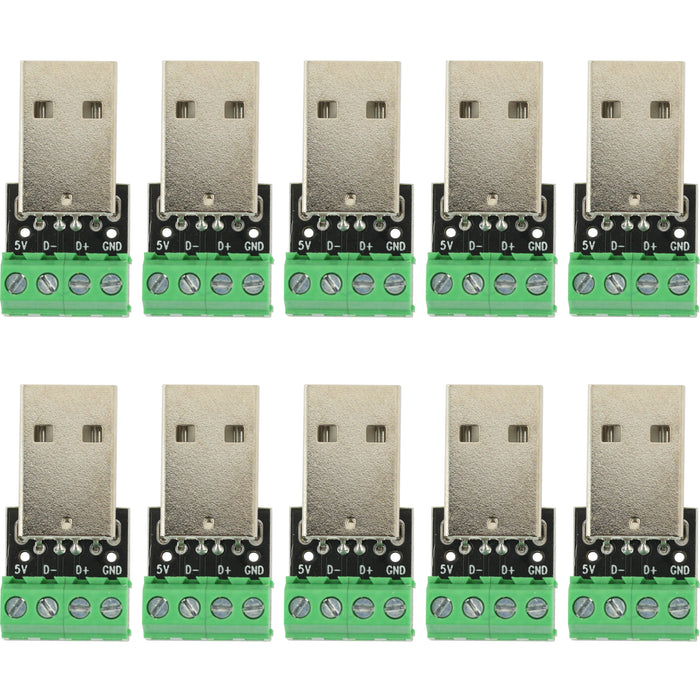 flashtree 10pcs USB A-type male socket adapter board with 3.81mm spacing terminal adapter connector dip for DIY USB power / circuit board design