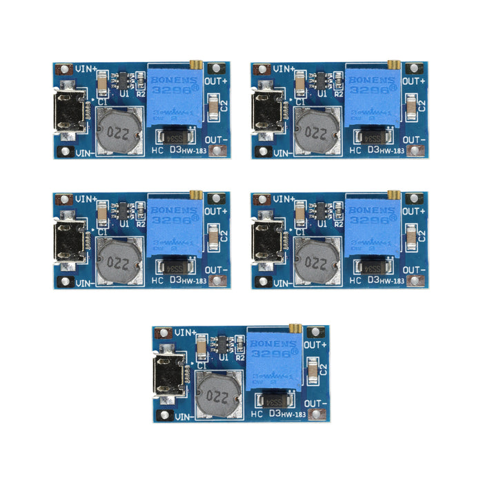 flashtree 5pcs DC-DC adjustable 2577 boost module wide voltage input 2 / 24 V, 5 / 9 / 12 / 2, with micro USB 2A