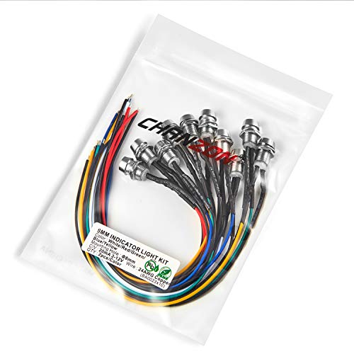 flashtree 10pcs 8mm LED Pilot Diode Light 24awg (5 Colors x 2pcs Diffused Frosted Round Lens) 8mm Panel Mount + 5mm led 12V Universal Flush Dash Board Indicator Panel Socket Lights Lamp Bulb