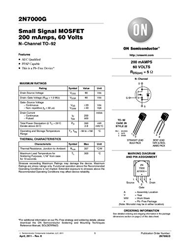 FAIRCHILD SEMICONDUCTOR 2N7000 N CHANNEL MOSFET, 60V, 200mA, TO-92 (10 pieces)
