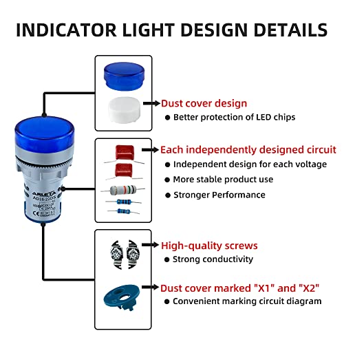flashtree Arleta 10pcs Voltage 12V/24V/110V/120V Current 20mA Energy Saving LED Indicator Light Mounting Hole Size 22mm(7/8 Inch) Green Yellow Red Blue White (Blue, 12V)