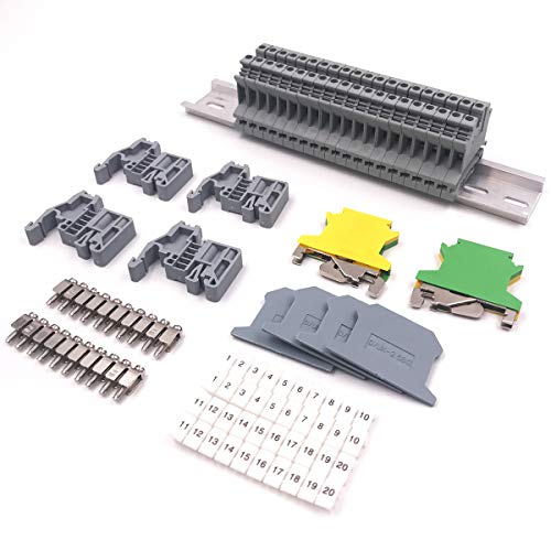 Erayco DIN Rail Terminal Blocks Kit, 20Pcs UK-2.5N 12 AWG Terminal Blocks, 2Pcs Ground Blocks, 2Pcs Fixed Bridge Jumpers, 4Pcs End Brackets, 4Pcs End Covers, 4Pcs Marker Strip, 1Pcs 8" Aluminum Rail