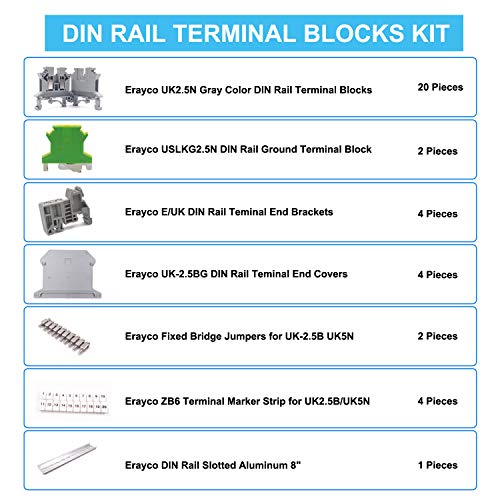 Erayco DIN Rail Terminal Blocks Kit, 20Pcs UK-2.5N 12 AWG Terminal Blocks, 2Pcs Ground Blocks, 2Pcs Fixed Bridge Jumpers, 4Pcs End Brackets, 4Pcs End Covers, 4Pcs Marker Strip, 1Pcs 8" Aluminum Rail