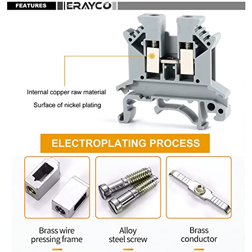 Erayco UK2.5N-B DIN Rail Terminal Block, Screw Clamp, 600V 20A 24-12AWG, Pack of 100 (Black)