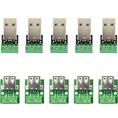 jujinglobal 10pcs (5 Pairs) USB Type A Male and Female Socket Breakout Board with 3.81mm Terminal or 2.54mm Output… (3.81mm Pitch Terminal)