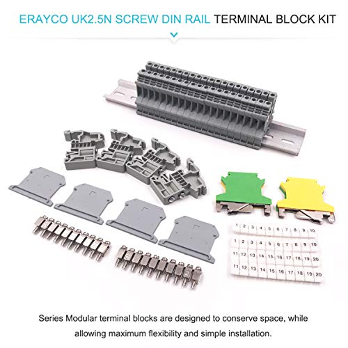 Erayco DIN Rail Terminal Blocks Kit, 20Pcs UK-2.5N 12 AWG Terminal Blocks, 2Pcs Ground Blocks, 2Pcs Fixed Bridge Jumpers, 4Pcs End Brackets, 4Pcs End Covers, 4Pcs Marker Strip, 1Pcs 8" Aluminum Rail