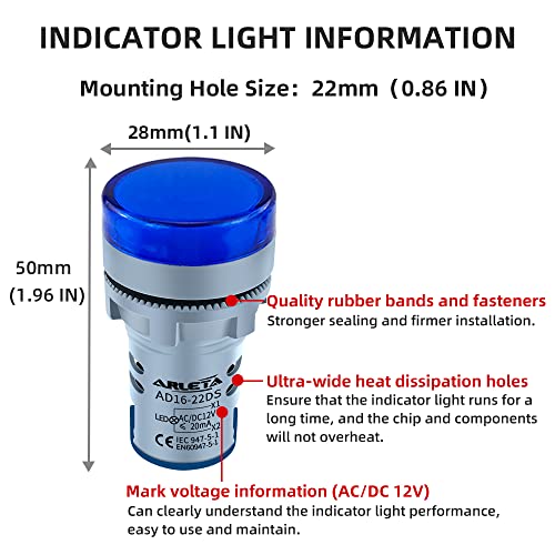 flashtree Arleta 10pcs Voltage 12V/24V/110V/120V Current 20mA Energy Saving LED Indicator Light Mounting Hole Size 22mm(7/8 Inch) Green Yellow Red Blue White (Blue, 12V)