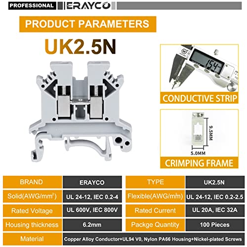 Erayco UK2.5N-B DIN Rail Terminal Block, Screw Clamp, 600V 20A 24-12AWG, Pack of 100 (Black)