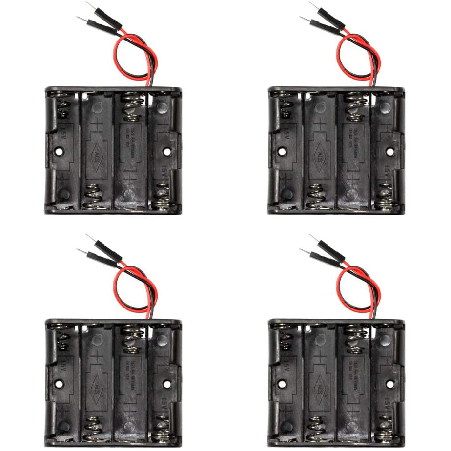 flashtree 4pcs 4 x 1.5V AA Battery Case Holder Storage Plastic Box Battery Spring Clip Black Red Wire with Dupont Male Connector