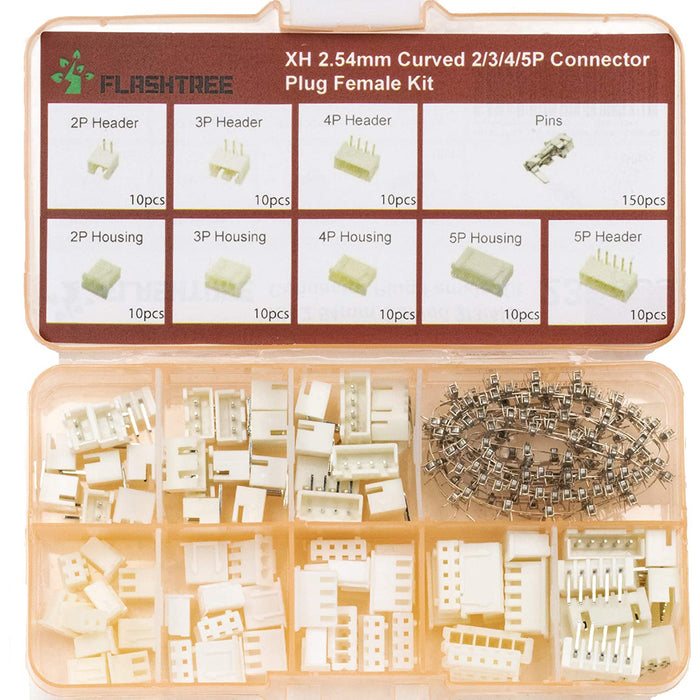 flashtree 230pcs XH 2.54mm Curved 2/3/4/5P Connector Plug Female Kit 4 Types