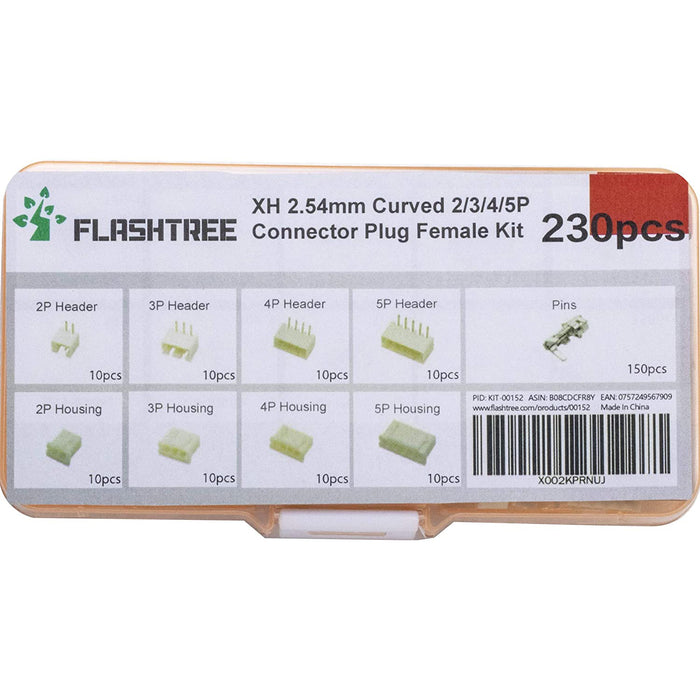 flashtree 230pcs XH 2.54mm Curved 2/3/4/5P Connector Plug Female Kit 4 Types