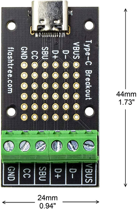 flashtree USB Type-C Female Breakout Board 6 pins Out (CC SBU) to Terminal (3.81mm 150mils 0.15_ Pitch)