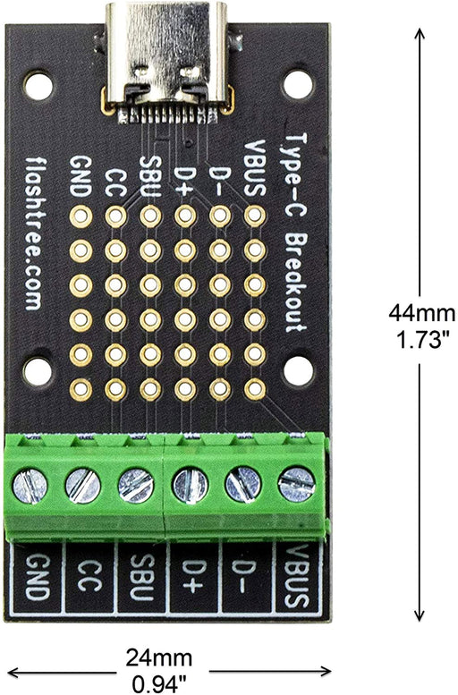 flashtree USB Type-C Female Breakout Board 6 pins Out (CC SBU) to Terminal (3.81mm 150mils 0.15_ Pitch)